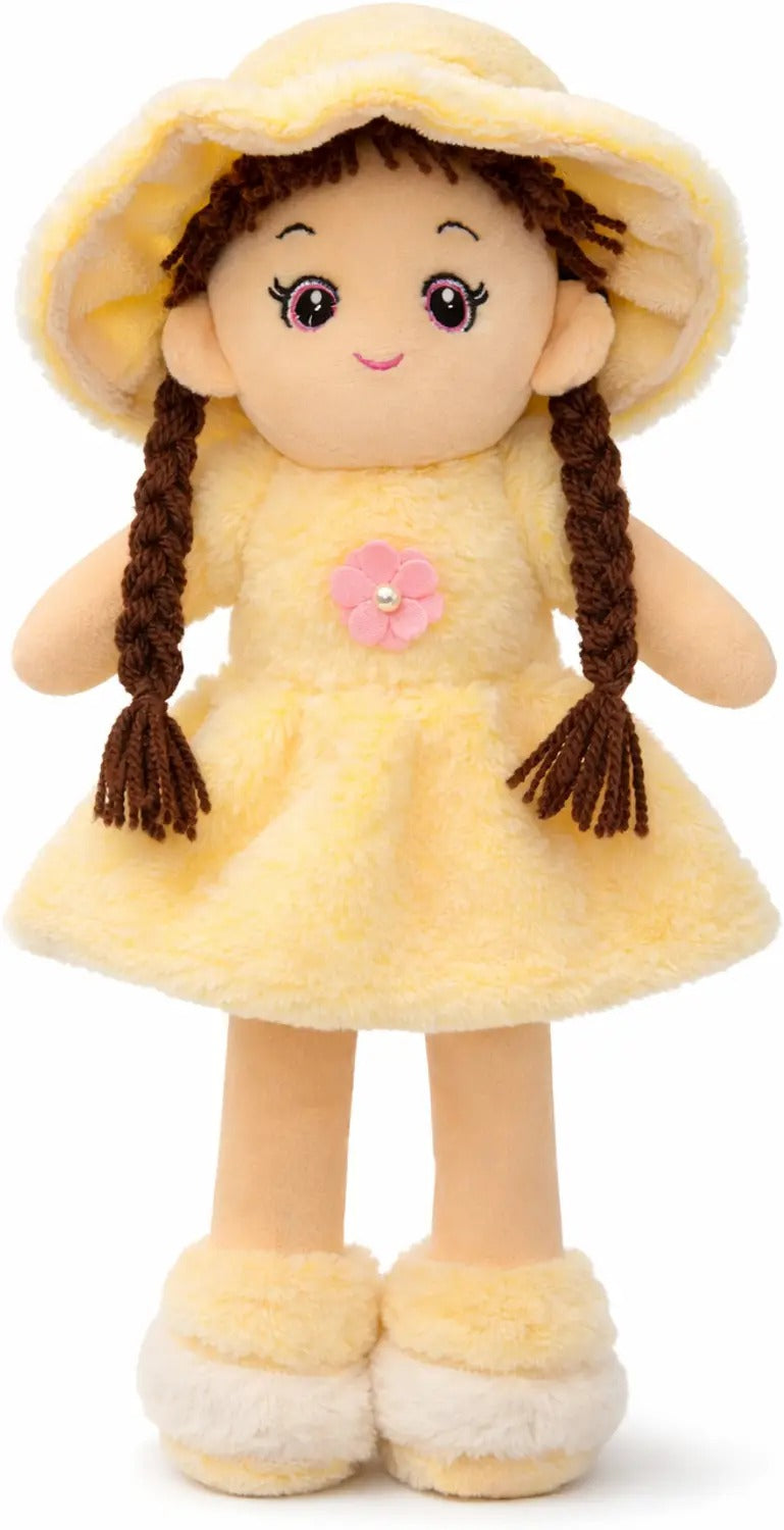 Cute Plush Doll with Yellow Dress & Hat | Soft Stuffed Doll for Girls