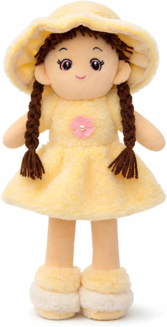 Cute Plush Doll with Yellow Dress & Hat | Soft Stuffed Doll for Girls