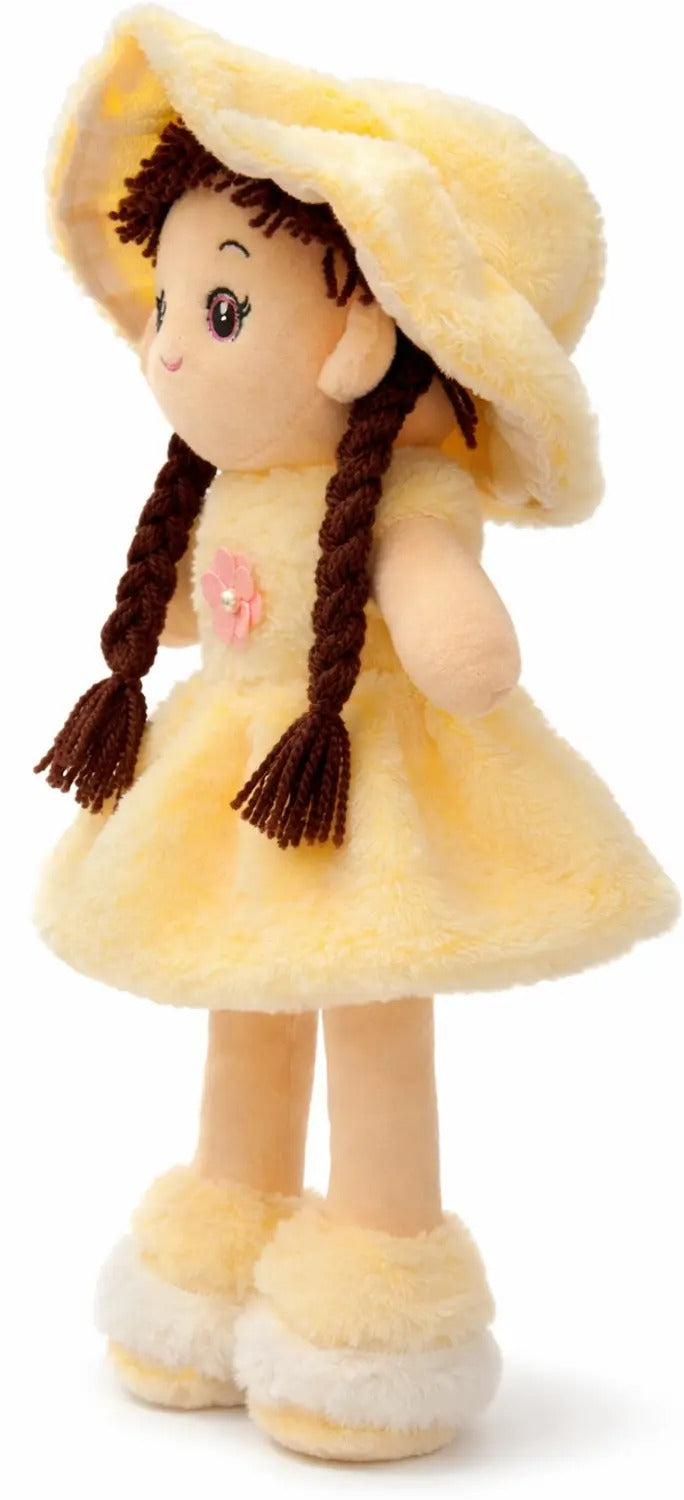 Cute Plush Doll with Yellow Dress & Hat | Soft Stuffed Doll for Girls