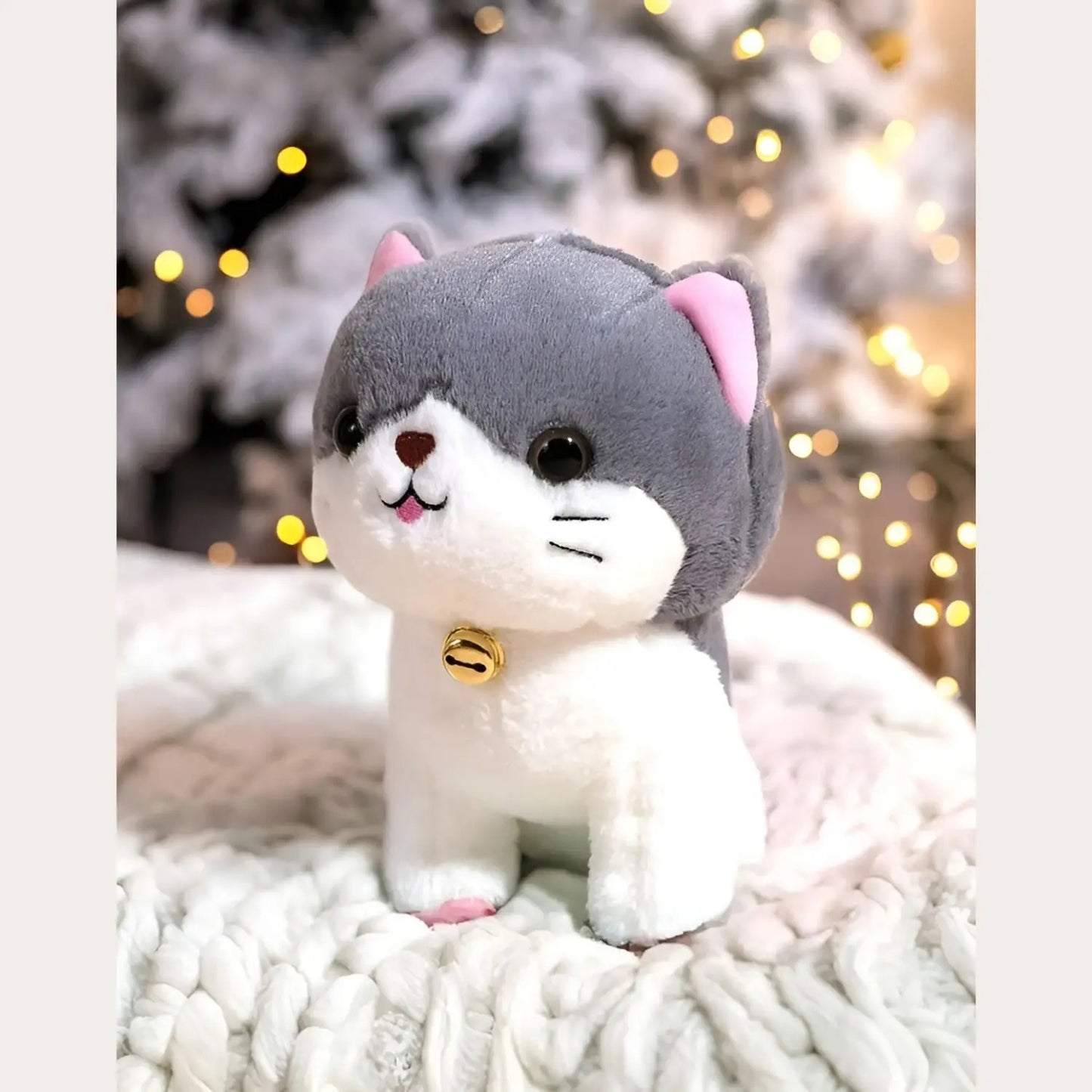 Cute Sitting Cat Plush Toy with Bell Collar | Soft Stuffed Animal for Kids & Girls