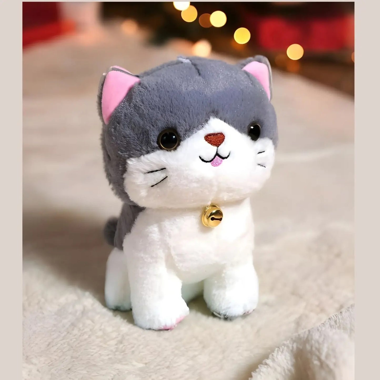 Cute Sitting Cat Plush Toy with Bell Collar | Soft Stuffed Animal for Kids & Girls